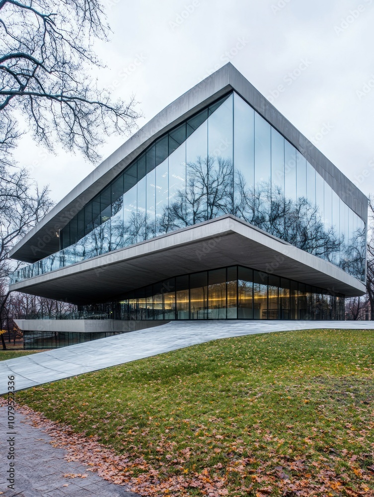 Fototapeta premium Modern architectural building with glass facade and sloping roof surrounded by trees.