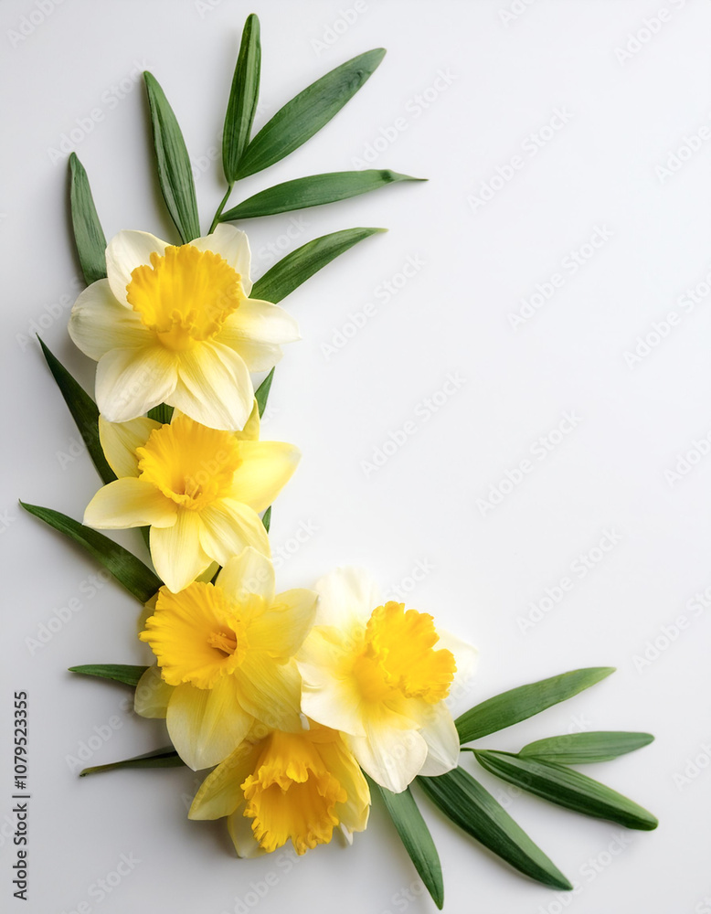 Fototapeta premium Fresh Daffodil flower garland foliage on side position provides copy space for text. background concept isolated white