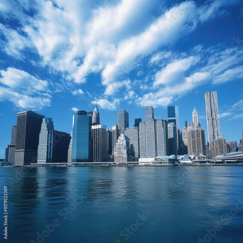 A panoramic view of a city skyline with skyscrapers, blue sky, and water.