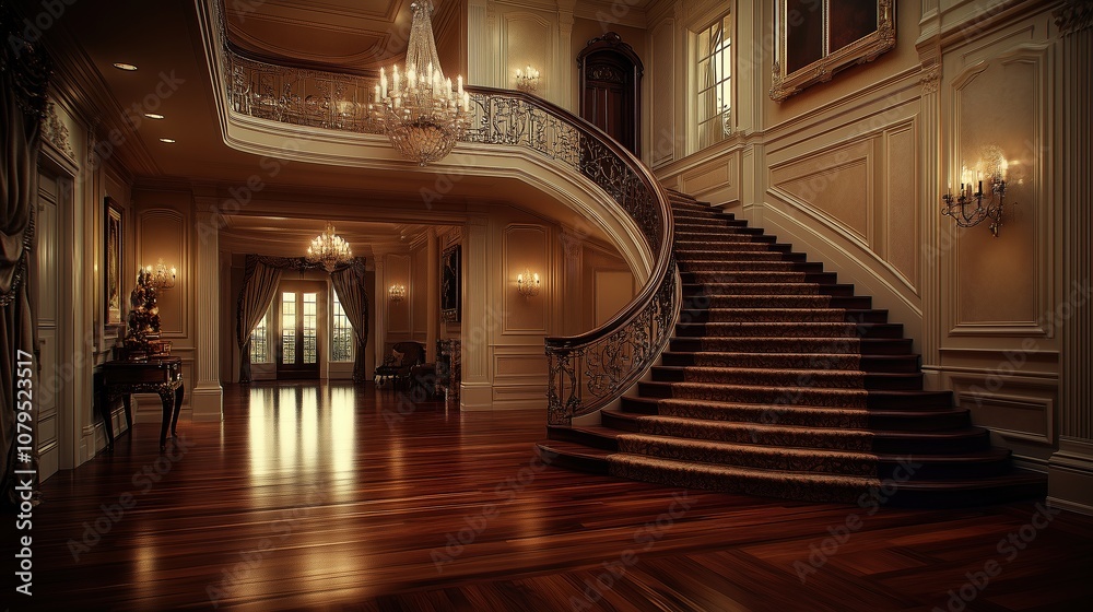 Luxurious grand staircase in an elegant mansion with ornate chandeliers and rich wooden floors exuding classic opulence. Luxurious grand staircase in an elegant mansion with ornate chandeliers and rich wooden floors exuding classic opulence.