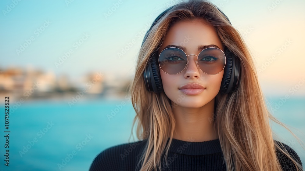 A young woman stands by the shoreline, wearing large sunglasses and headphones, embracing the calm of the beach at sunset, with gentle waves and soft colors in the background. A young woman stands by the shoreline, wearing large sunglasses and headphones, embracing the calm of the beach at sunset, with gentle waves and soft colors in the background.
