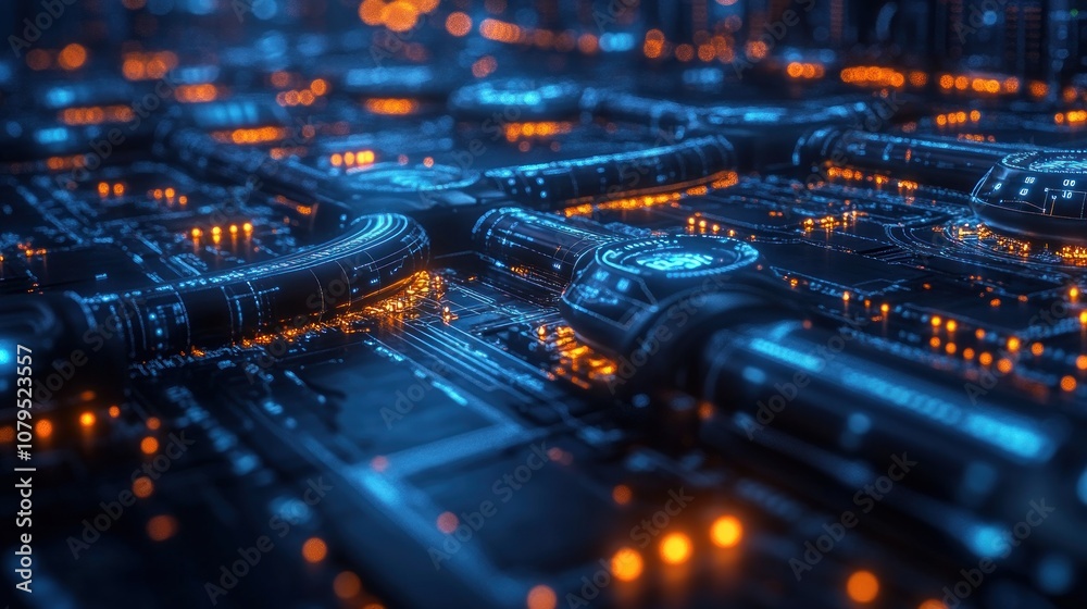 Futuristic network of glowing circuits and connections. Futuristic network of glowing circuits and connections.