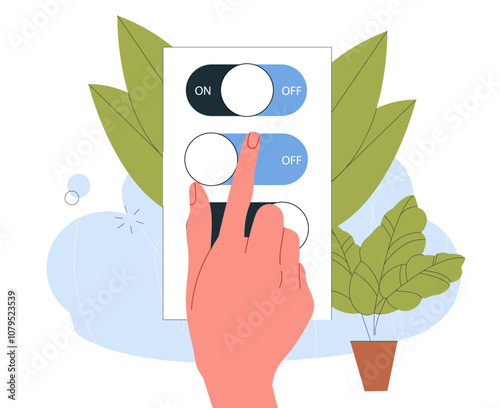 Turning switches on and off. Hand turns on and off lights in office. UI and UX design for mobile application. Various options. Flat vector illustration isolated on white background