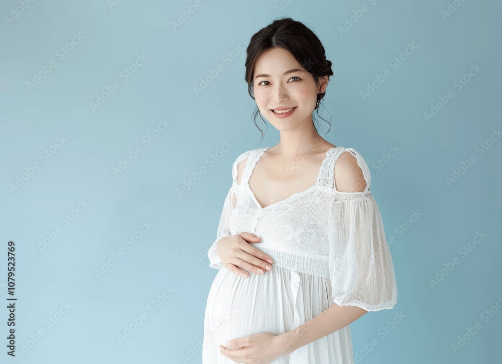 Pregnant Asian Woman Smiling Touching Belly Pregnant Asian Woman Smiling Touching Belly