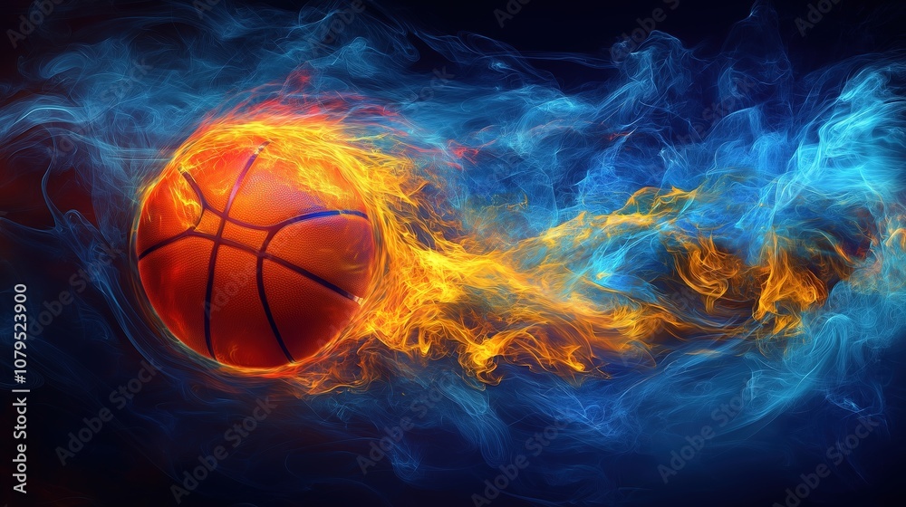 Fototapeta premium Basketball engulfed in dynamic flames with a blue smoke trail against a dark background, symbolizing energy and motion.