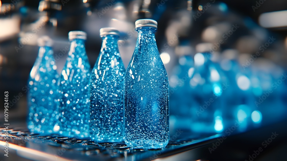 Close-up of a row of blue glass bottles filled with sparkling water on a conveyor belt. Close-up of a row of blue glass bottles filled with sparkling water on a conveyor belt.
