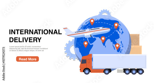 International delivery poster. Truck and plane on background of earth map. Logistics and transportation, shipping and distribution. Landing webpage design. Flat vector illustration