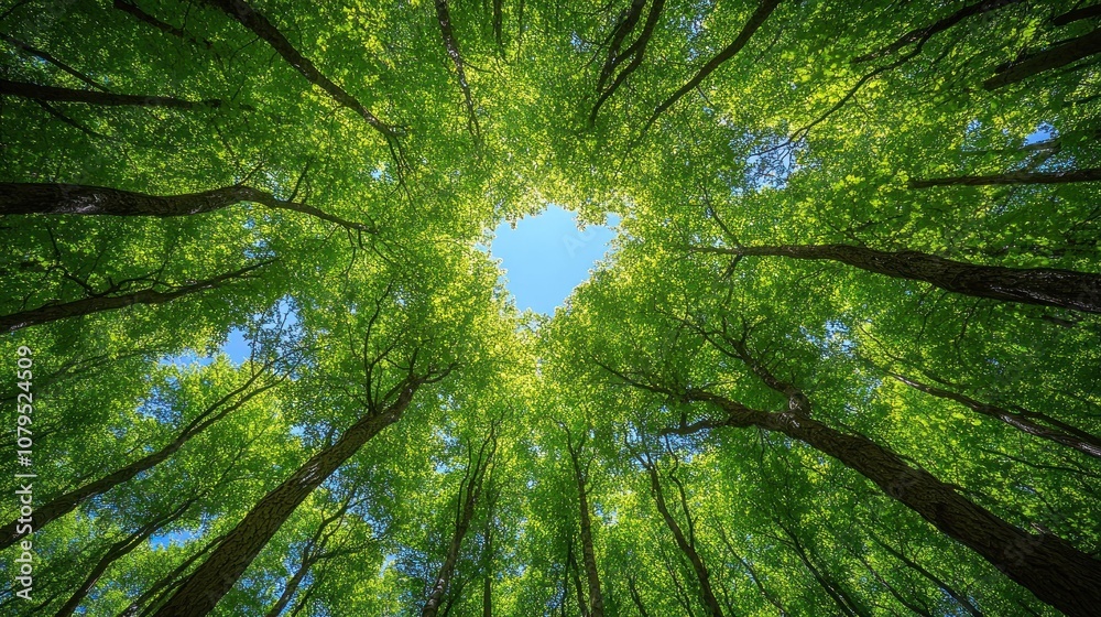 Fototapeta premium Looking up at the sky through a heart-shaped gap in the canopy of trees.