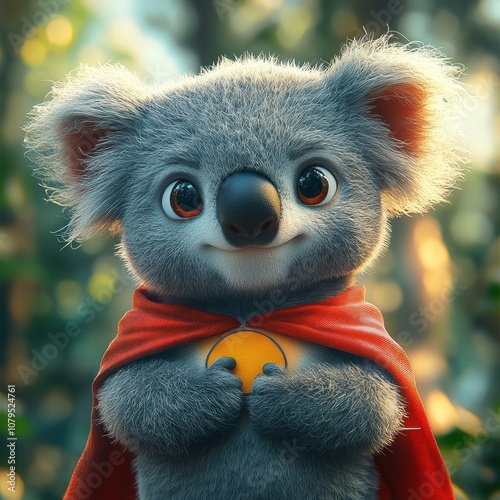 Cute koala superhero with a cape holding a yellow circle. photo