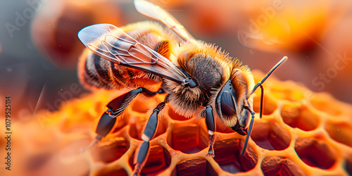 Macro Close-Up of Honey Bee on Honeycomb