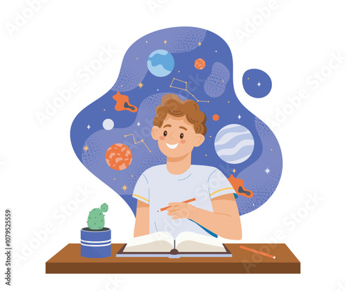 Boy with knowledge. Little schoolboy with galaxy and universe. Education and learning. Astronomy and astrology. Fantasy and imagination. Flat vector illustration isolated on white background