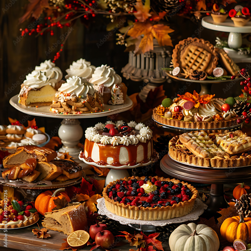 A Festive Thanksgiving Dessert Table Filled with Pumpkin Pies, Autumn-Inspired Treats, and Seasonal Decorations, Perfect for a Holiday Celebration A Festive Thanksgiving Dessert Table Filled with Pumpkin Pies, Autumn-Inspired Treats, and Seasonal Decorations, Perfect for a Holiday Celebration