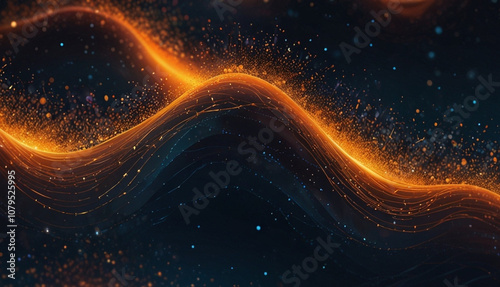 Abstract digital landscape waves with glowing blue and orange particles, dark background. Generative AI