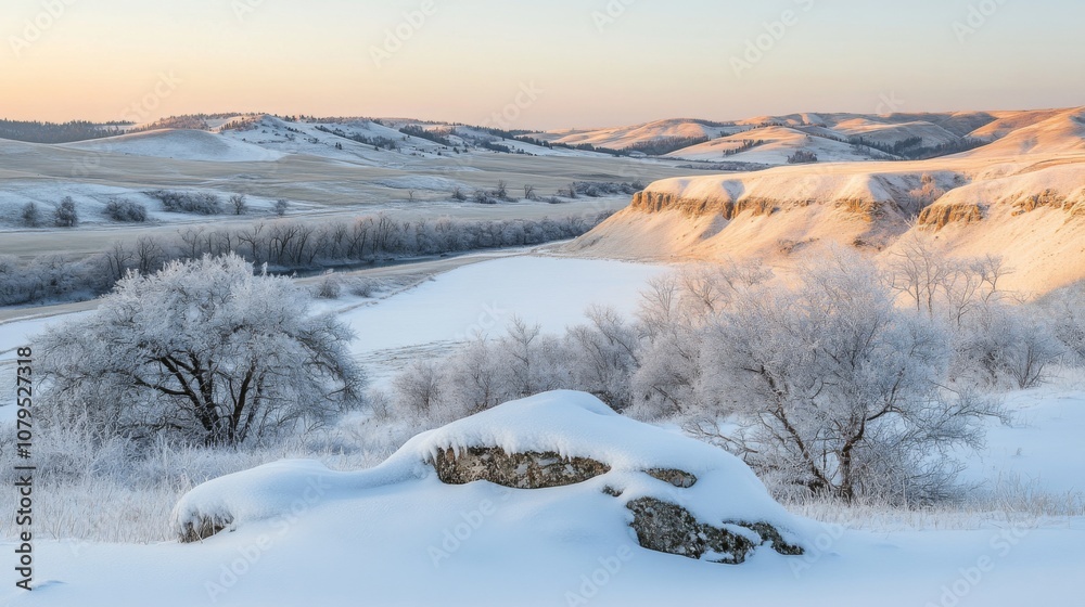 Snowy Landscape with a Frosty River and a Half-Covered Boulder Snowy Landscape with a Frosty River and a Half-Covered Boulder