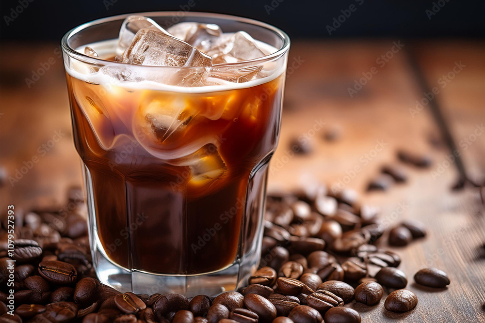 Iced Americano coffee in crystal glass with roasted coffee bean on ground at cafe coffee shop. An iced Americano is made by adding espresso, hot water and ice cubes. Iced Americano coffee in crystal glass with roasted coffee bean on ground at cafe coffee shop. An iced Americano is made by adding espresso, hot water and ice cubes.
