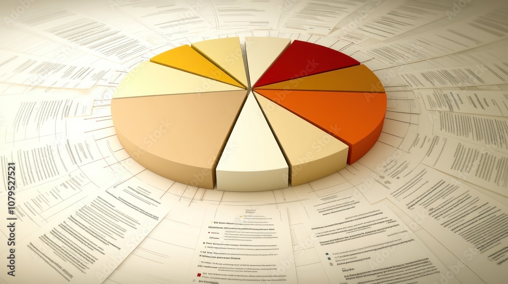 Fototapeta premium A 3D pie chart surrounded by documents.