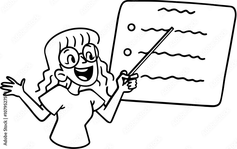 Line Art of a Virtual Assistant Woman Doing Presentation, Simple Cartoon Outline for Notion Line Art of a Virtual Assistant Woman Doing Presentation, Simple Cartoon Outline for Notion