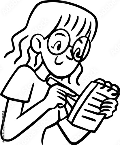 Line Art of a Virtual Assistant Woman Writing, Simple Cartoon Outline for Notion