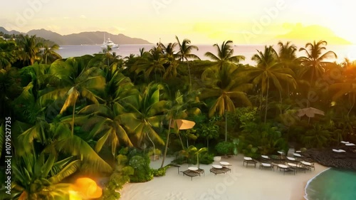 Necker Island Luxury yacht approaching tropical island at sunset in necker island photo