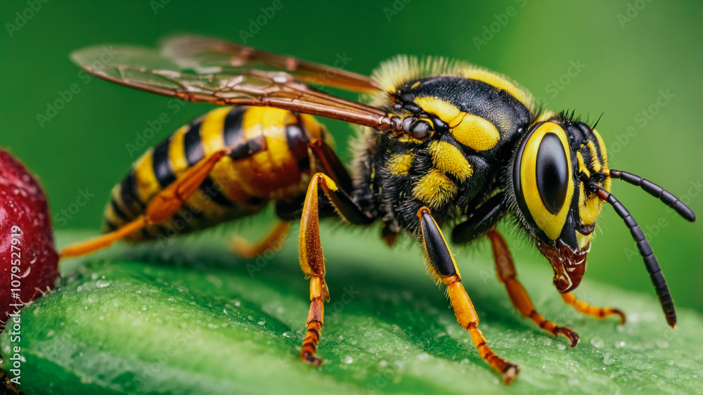 Close-Up of Yellow Jacket Wasp on Green Leaf Close-Up of Yellow Jacket Wasp on Green Leaf
