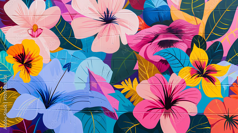 Fototapeta premium A Large Floral Mural on an Urban Skate Park Wall, Blending Nature-Inspired Art with Urban Culture to Create a Vibrant and Creative Skateboarding Space