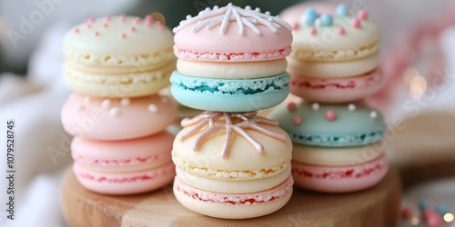 Pastel Macaron Dreams: Delicate, pastel-colored macarons adorned with intricate designs create a visually captivating image, perfect for showcasing the beauty and artistry of French pastries.