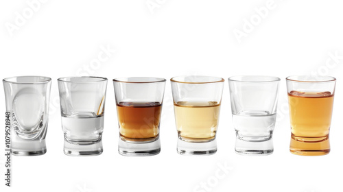 Alcohol in shot glasses on white transparent background






