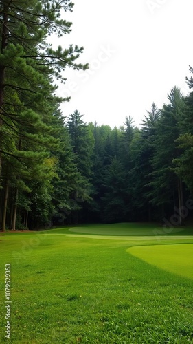 Scenic view of lush green grass and dense woods on a picturesque golf field, outdoor, landscape