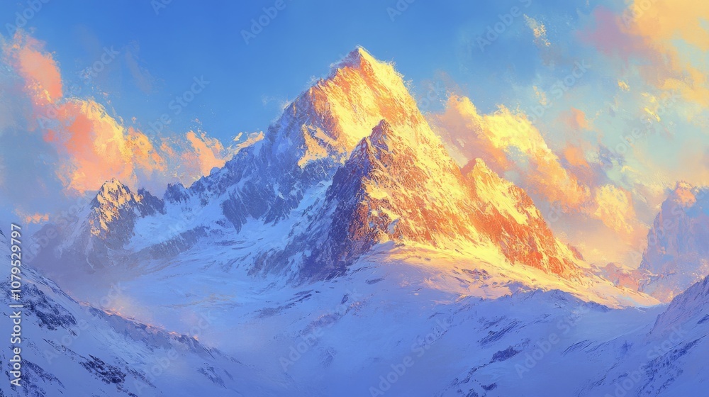 A majestic, snow-capped mountain peak bathed in the warm glow of a colorful sunrise. A majestic, snow-capped mountain peak bathed in the warm glow of a colorful sunrise.