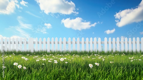 White picket fence against a blue sky photo