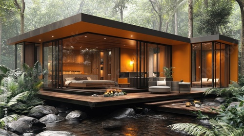 Modern cabin surrounded by lush greenery and a serene stream.