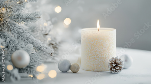 Single candle on white background, subtle New Year’s glow