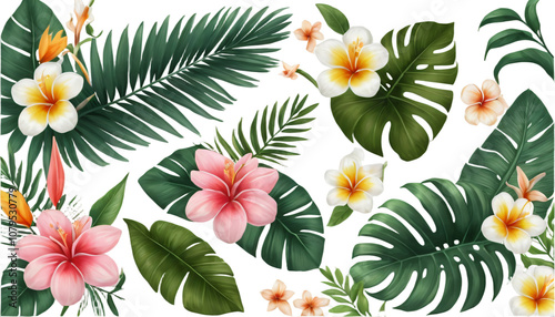 Acrylic paint tropical spring leaves and flowers on transparent PNG for cards and decor.