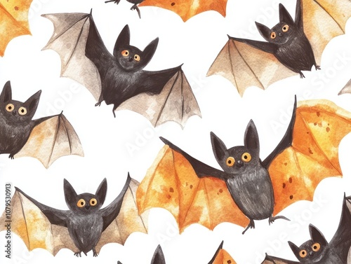 Halloween Seamless Pattern | Cute Watercolour Bat Illustration photo