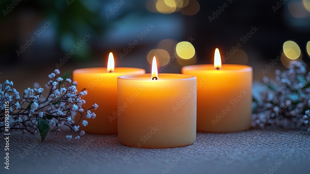 Three glowing candles surrounded by delicate flowers, creating ambiance. Three glowing candles surrounded by delicate flowers, creating ambiance.