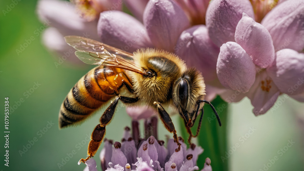 Honeybee Pollinating Pink Flower in Macro