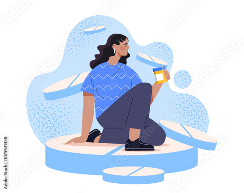 Woman with antidepressant. Young girl with large drugs for mental health. Pharmaceuticals, mental and psychological health care. Flat vector illustration isolated on white background