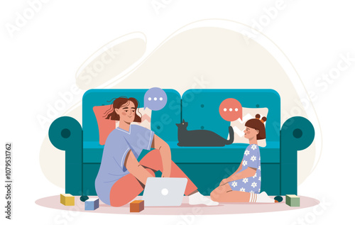 Mother and daughter at home. Woman and girl sitting and talking. Comfort and coziness in room. Good family relationships. Parent and child spend time together. Flat vector illustration