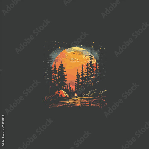 Night camping in the forest logo design vector vintage