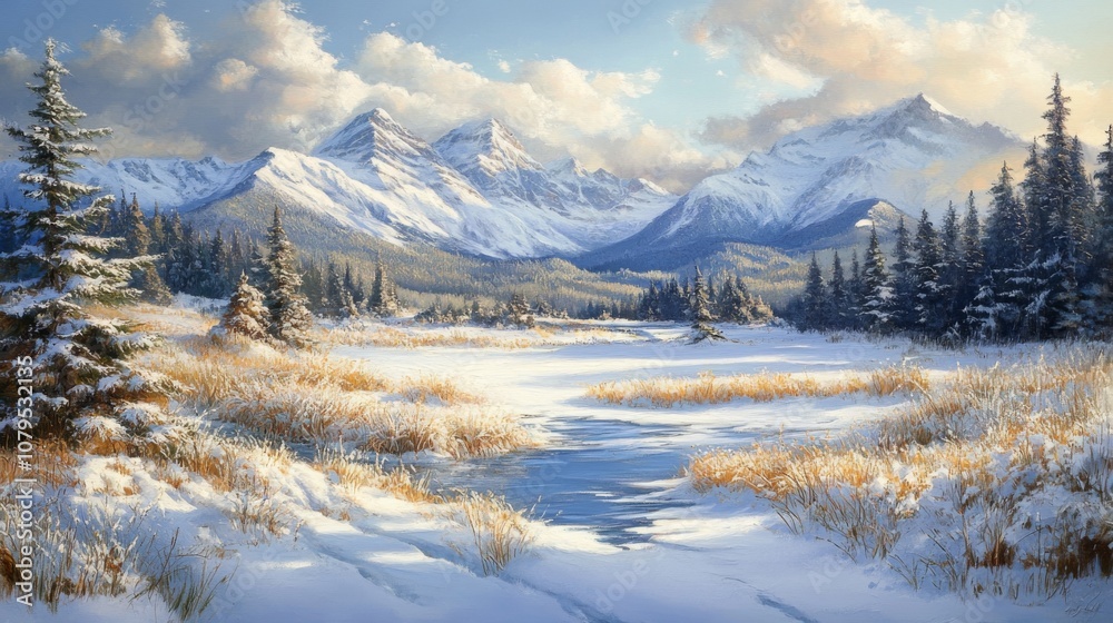 A Snowy Mountain Valley With A Frozen Stream A Snowy Mountain Valley With A Frozen Stream