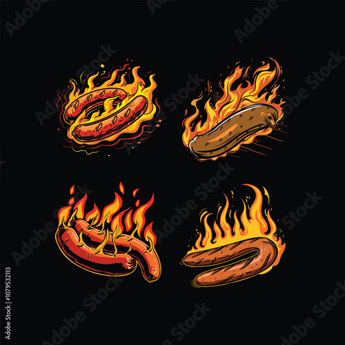 Burning sausage on fire logo design vector