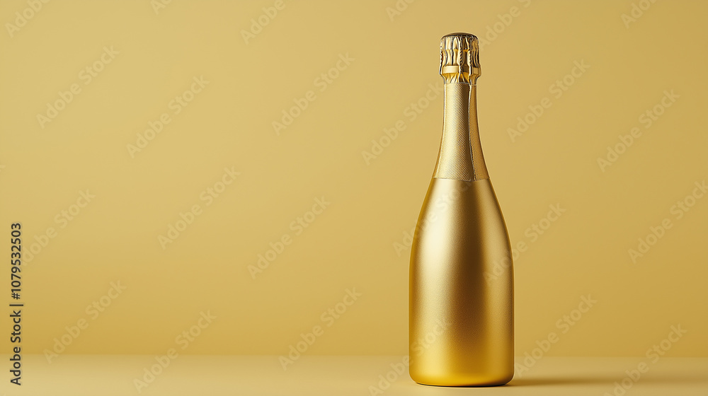 Single gold champagne bottle against plain background, minimal and clean Single gold champagne bottle against plain background, minimal and clean