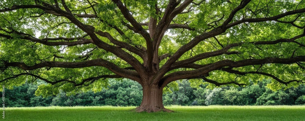 Fototapeta premium Majestic tree with sprawling branches on a lush green field, vibrant foliage.