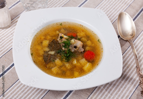 Appetizing vegetable soup cooked in meat broth from potatoes, carrots, pork slice, bay leaf, pepper and sprinkled with fresh ..herbs on top photo