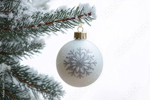 A delicate white Christmas ornament with a silver snowflake design, hanging from a lush evergreen branch, set against a bright, minimalist white background. The atmosphere is serene and joyful,...