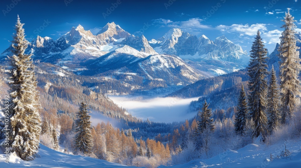 Snowy Mountain Range with Forest and Mist in the Valley
