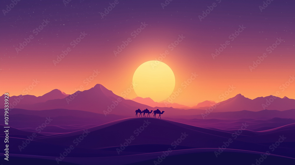 view of dessert at sunrise with silhouatte of camels walking on top of dessert view of dessert at sunrise with silhouatte of camels walking on top of dessert