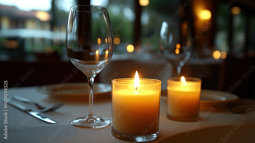 Romantic candlelit dinner table setting with two wine glasses, cutlery, and white tablecloth.