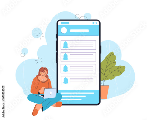Woman with notifications in phone. Young girl walks near huge smartphone and reads notifications. Announcements at mobile phone. Flat vector illustration isolated on white background