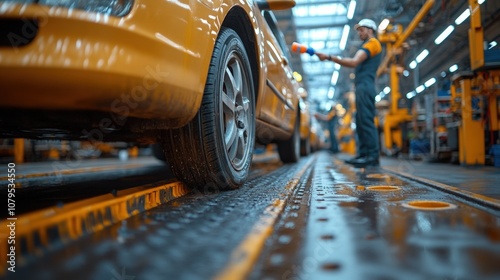 A worker inspecting a yellow car on an assembly line in a factory.